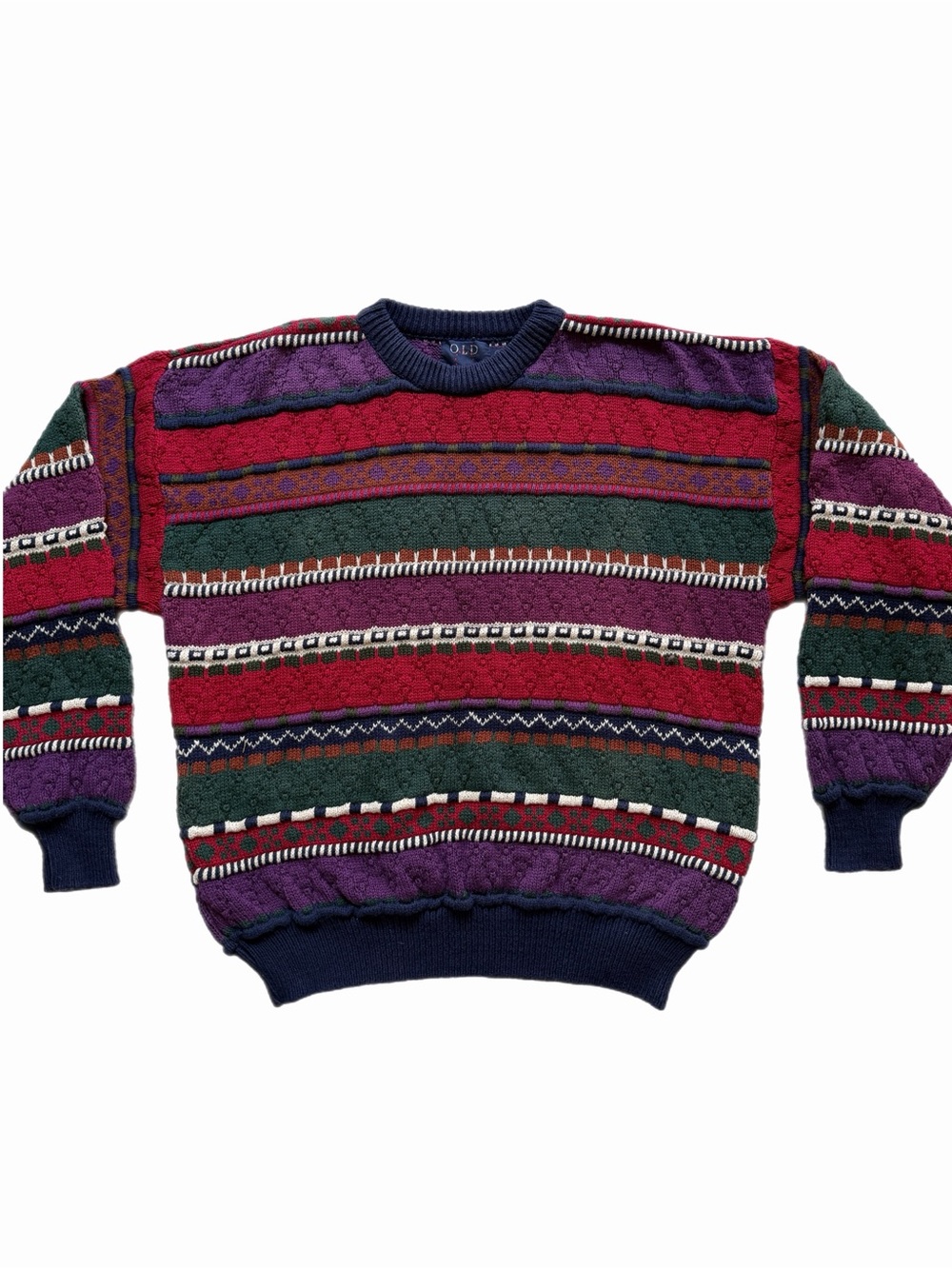 VTG 90s HandKnit 3D Knit Chunky Multi Color Crewneck Sweater XL Grandpa Fall